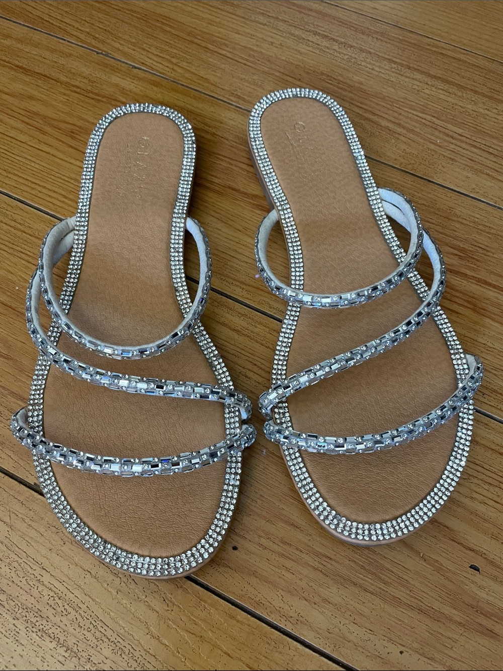 Silver Rhinestone Strappy Slide Sandals - Women Size 8.5